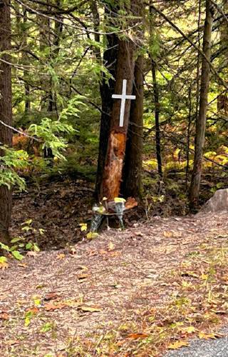 A cross and memorial have been placed at the site of a crash on Perry Pasture Road in Dublin, where a crash on Friday afternoon resulted in the death of Damien Cronan, 17, of Antrim, and the injury of two other teens.