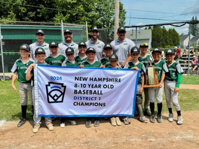 ABOVE: Mt. Monadnock Little Leauge U10 coaches, from left, Josh Damon, Ross Blouin, Nick Hill and Nate Hatton and players Cooper Aho, Dylan Hatton, Colton Swan, Hudson Seppala, Mason Blouin, Mason Rose, Ty Somero, Dex Seppala, Spencer Hill, Colson Damon, Porter Krook and Pierce Adams.