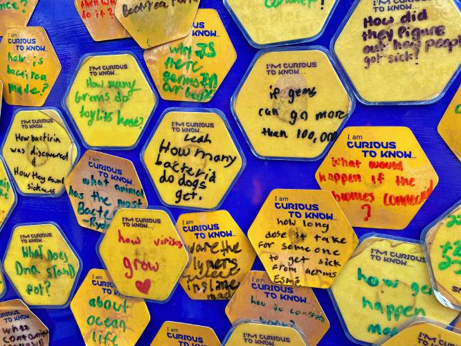 Stickers on the outside of the Curiosity Cube show what students are curious about.